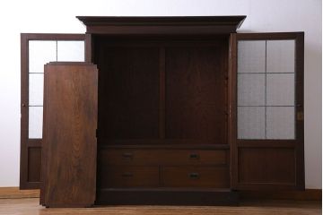 アンティーク家具　和製アンティーク　プレスガラス入り　上品さが漂うシックな本箱(収納棚、戸棚、キャビネット)