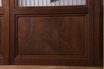 和製アンティーク　腰板ケヤキ材　帯の意匠が目を引く上質なガラス帯戸(板戸、引き戸、建具)
