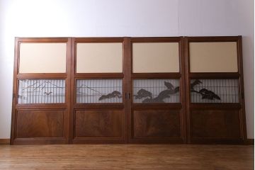 和製アンティーク　腰板ケヤキ材　帯の意匠が目を引く上質なガラス帯戸(板戸、引き戸、建具)