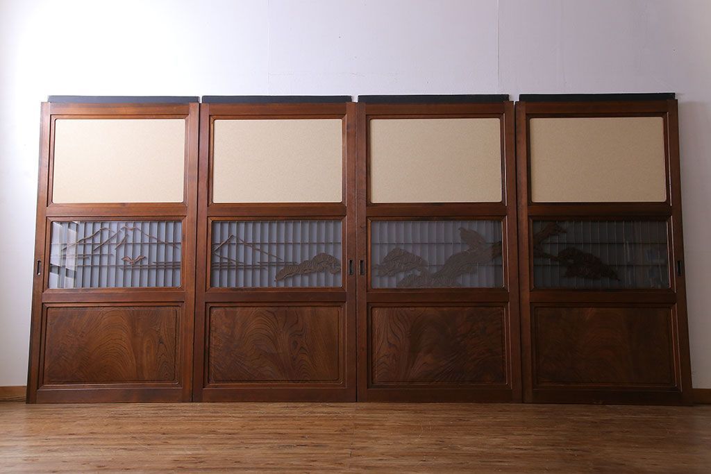 和製アンティーク　腰板ケヤキ材　帯の意匠が目を引く上質なガラス帯戸(板戸、引き戸、建具)