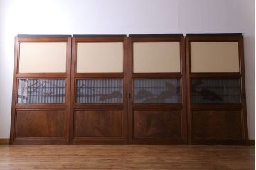 和製アンティーク　腰板ケヤキ材　帯の意匠が目を引く上質なガラス帯戸(板戸、引き戸、建具)