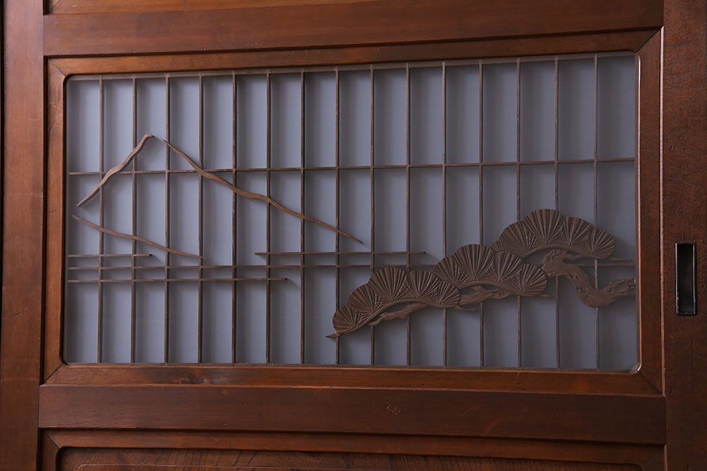 和製アンティーク　腰板ケヤキ材　帯の意匠が目を引く上質なガラス帯戸(板戸、引き戸、建具)