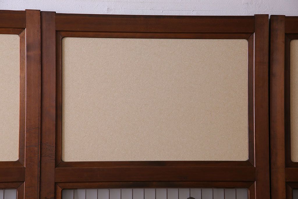 和製アンティーク　腰板ケヤキ材　帯の意匠が目を引く上質なガラス帯戸(板戸、引き戸、建具)