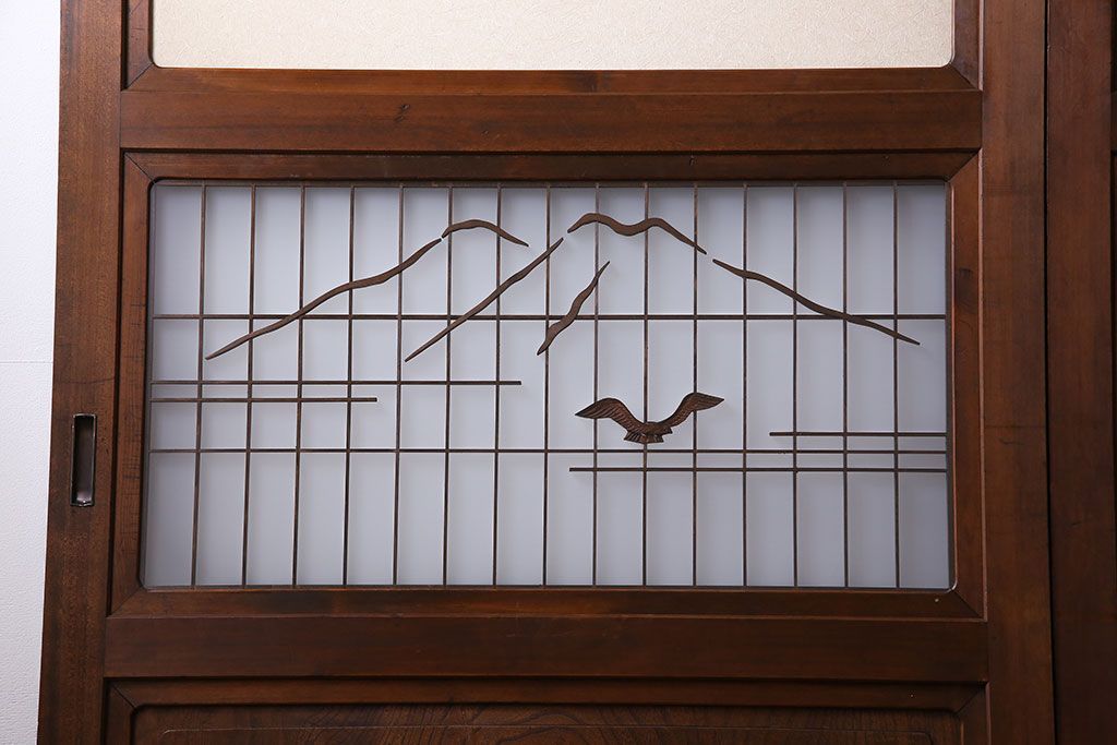 和製アンティーク　腰板ケヤキ材　帯の意匠が目を引く上質なガラス帯戸(板戸、引き戸、建具)