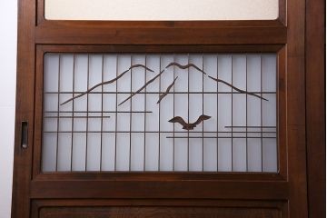 和製アンティーク　腰板ケヤキ材　帯の意匠が目を引く上質なガラス帯戸(板戸、引き戸、建具)