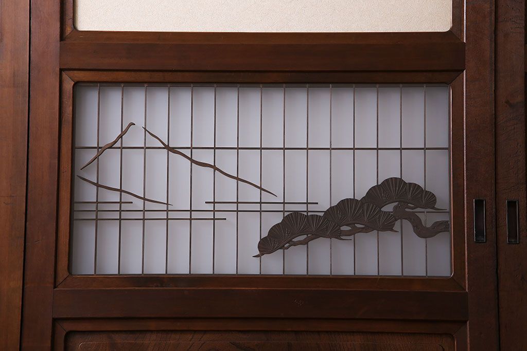 和製アンティーク　腰板ケヤキ材　帯の意匠が目を引く上質なガラス帯戸(板戸、引き戸、建具)