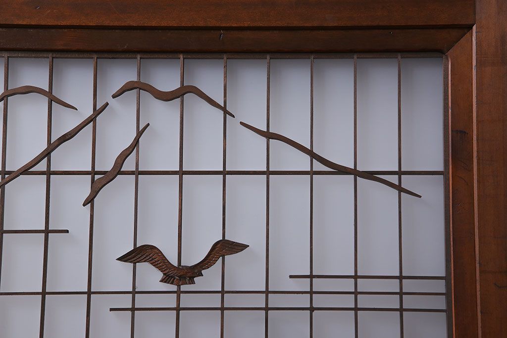 和製アンティーク　腰板ケヤキ材　帯の意匠が目を引く上質なガラス帯戸(板戸、引き戸、建具)