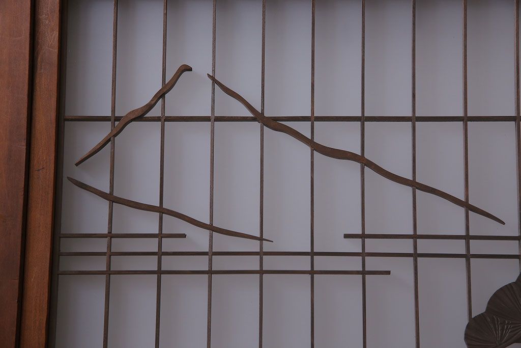 和製アンティーク　腰板ケヤキ材　帯の意匠が目を引く上質なガラス帯戸(板戸、引き戸、建具)