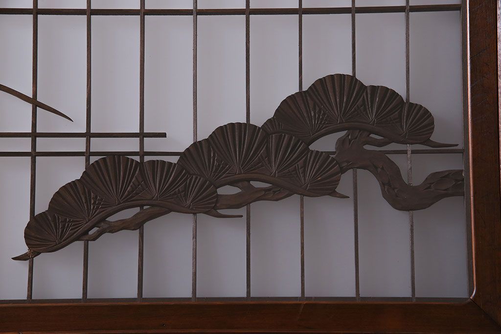 和製アンティーク　腰板ケヤキ材　帯の意匠が目を引く上質なガラス帯戸(板戸、引き戸、建具)