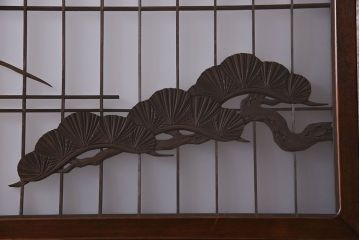 和製アンティーク　腰板ケヤキ材　帯の意匠が目を引く上質なガラス帯戸(板戸、引き戸、建具)