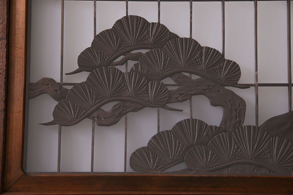 和製アンティーク　腰板ケヤキ材　帯の意匠が目を引く上質なガラス帯戸(板戸、引き戸、建具)