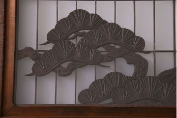 和製アンティーク　腰板ケヤキ材　帯の意匠が目を引く上質なガラス帯戸(板戸、引き戸、建具)