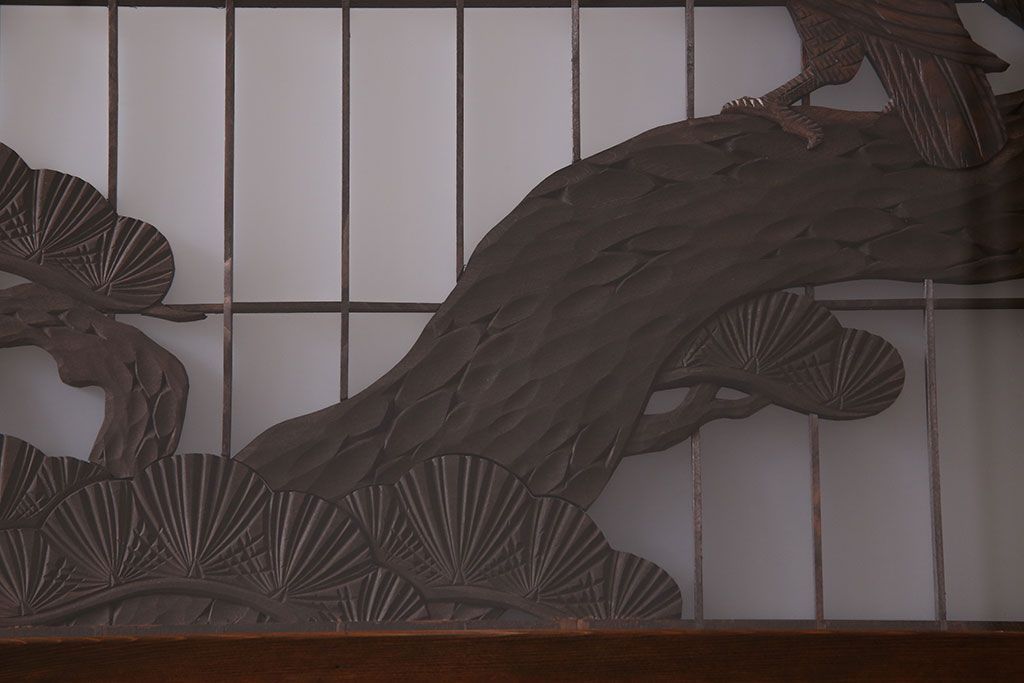 和製アンティーク　腰板ケヤキ材　帯の意匠が目を引く上質なガラス帯戸(板戸、引き戸、建具)