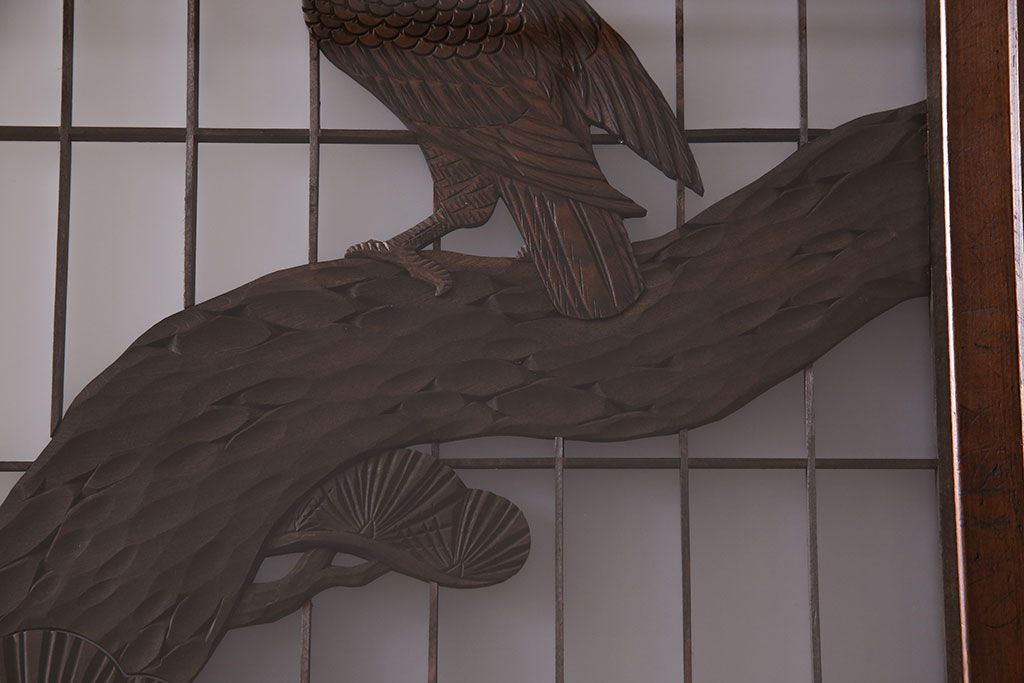 和製アンティーク　腰板ケヤキ材　帯の意匠が目を引く上質なガラス帯戸(板戸、引き戸、建具)