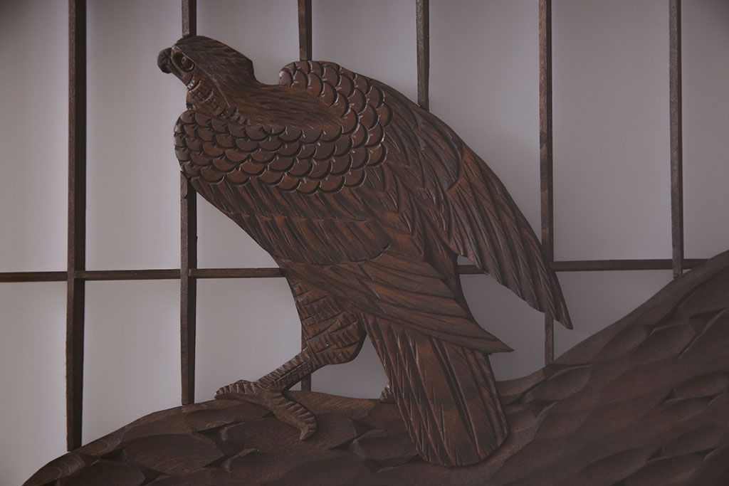 和製アンティーク　腰板ケヤキ材　帯の意匠が目を引く上質なガラス帯戸(板戸、引き戸、建具)