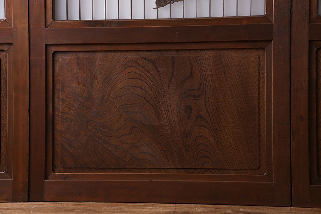 和製アンティーク　腰板ケヤキ材　帯の意匠が目を引く上質なガラス帯戸(板戸、引き戸、建具)