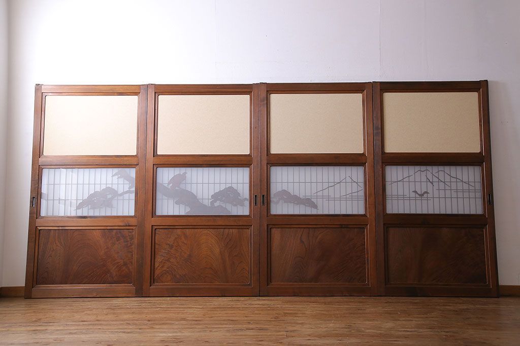 和製アンティーク　腰板ケヤキ材　帯の意匠が目を引く上質なガラス帯戸(板戸、引き戸、建具)