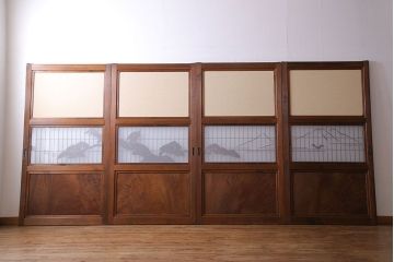 和製アンティーク　腰板ケヤキ材　帯の意匠が目を引く上質なガラス帯戸(板戸、引き戸、建具)