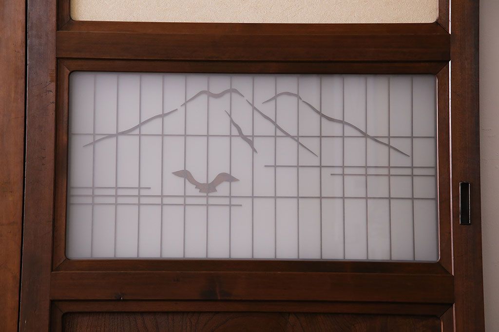 和製アンティーク　腰板ケヤキ材　帯の意匠が目を引く上質なガラス帯戸(板戸、引き戸、建具)