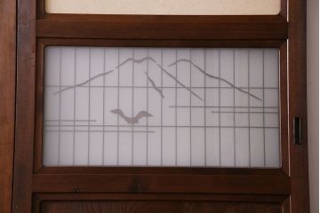 和製アンティーク　腰板ケヤキ材　帯の意匠が目を引く上質なガラス帯戸(板戸、引き戸、建具)