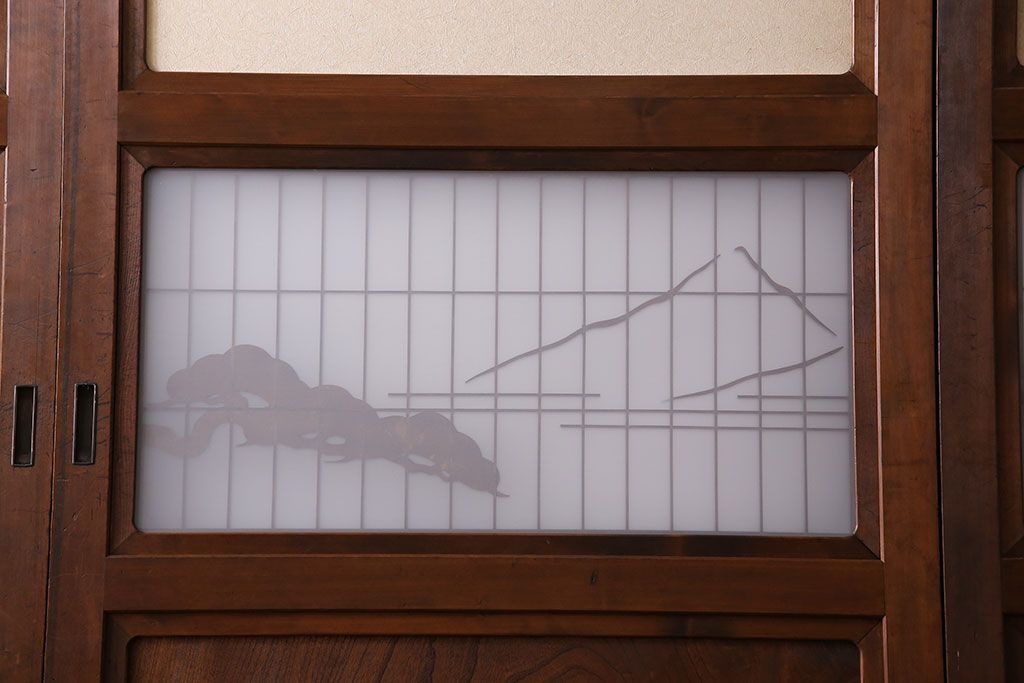 和製アンティーク　腰板ケヤキ材　帯の意匠が目を引く上質なガラス帯戸(板戸、引き戸、建具)