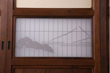 和製アンティーク　腰板ケヤキ材　帯の意匠が目を引く上質なガラス帯戸(板戸、引き戸、建具)