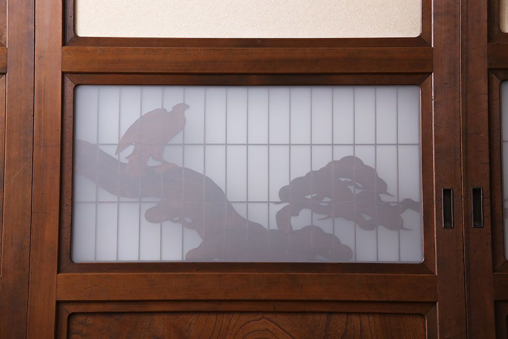 和製アンティーク　腰板ケヤキ材　帯の意匠が目を引く上質なガラス帯戸(板戸、引き戸、建具)