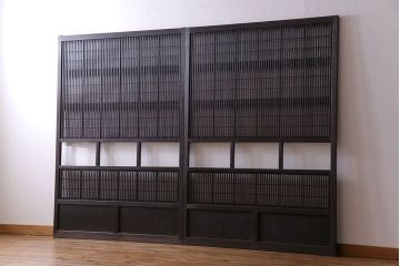 和製アンティーク　裏障子付き　上品な存在感を放つガラス帯格子戸(引き戸、建具)2枚セット