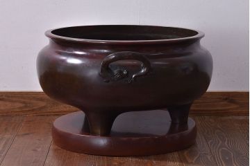 アンティーク雑貨　和製アンティーク　明治〜大正期 木製台座付き斑紫銅火鉢セット(五徳、火箸、灰ならし)