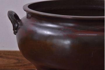 アンティーク雑貨　和製アンティーク　明治〜大正期 木製台座付き斑紫銅火鉢セット(五徳、火箸、灰ならし)