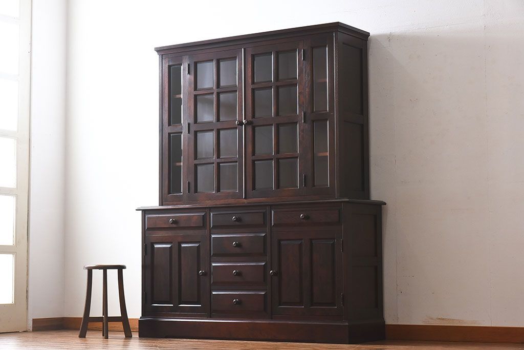 中古　北海道民芸家具　シックな雰囲気漂う大きな重ね食器棚(カップボード、収納棚)