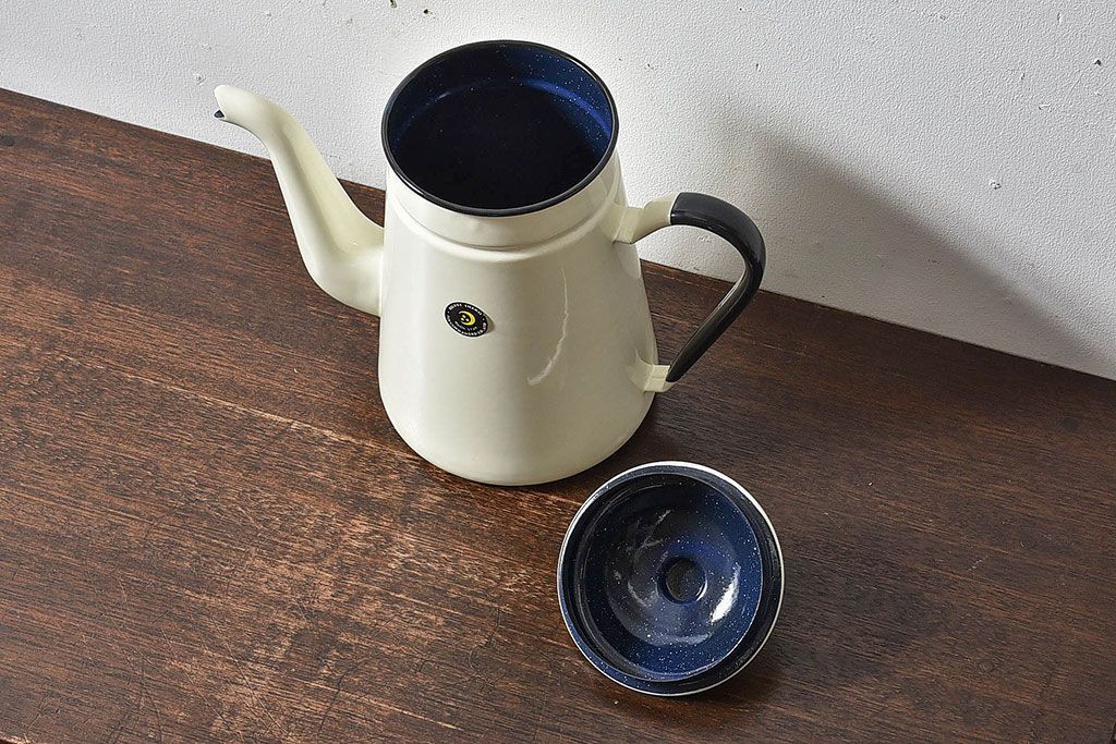 アンティーク雑貨　昭和レトロ　福島琺瑯　月星印　琺瑯製コーヒーポット(ケトル、水差し)・箱付き