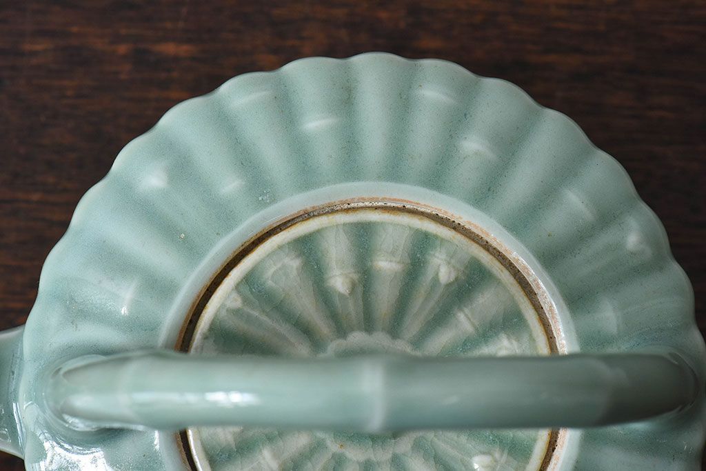 アンティーク雑貨　アンティーク　江戸期　三田焼　青磁銚子(竹節柄急須)