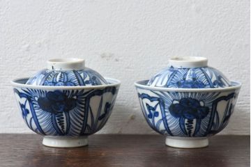江戸時代後期　伊万里焼　染付　蓋茶碗2客セット(1)