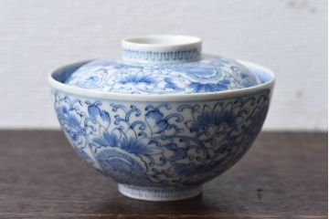 江戸時代後期　伊万里焼　線描染付　蓋茶碗2客セット