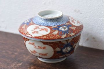 江戸期　大明成化年製　古伊万里　赤絵南蛮図染付　蓋茶碗