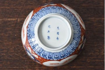 江戸期　大明成化年製　古伊万里　赤絵南蛮図染付　蓋茶碗