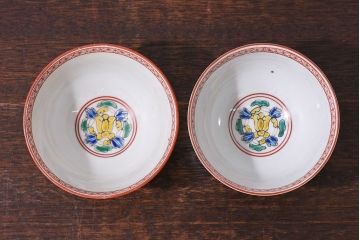 アンティーク雑貨　幕末〜明治期!　余白を美しく魅せる赤絵染付蓋茶碗2客セット