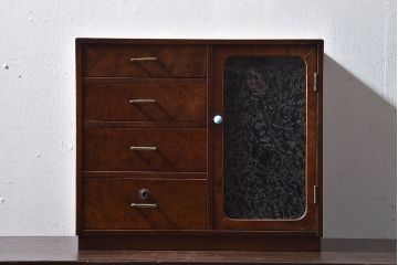 レトロ家具　昭和レトロ　結霜ガラスがおしゃれな扉付き小引き出し(小物収納)