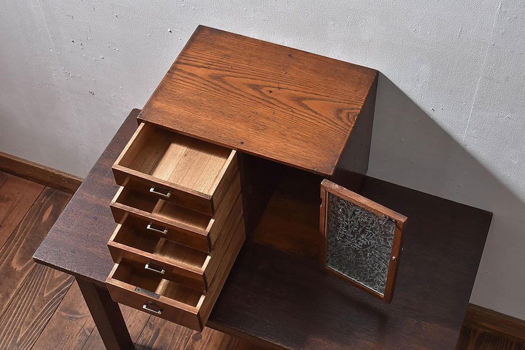レトロ家具　昭和レトロ　結霜ガラスがおしゃれな扉付き小引き出し(小物収納)