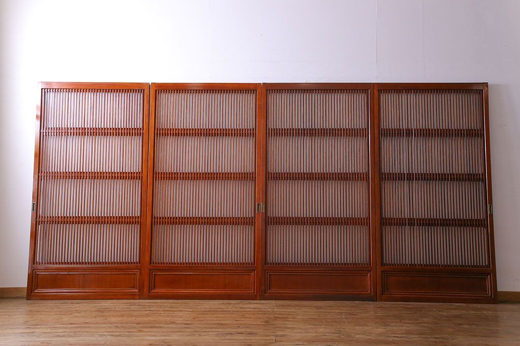 和製アンティーク　裏ガラス入り　艶やかな質感が魅力的なガラス格子戸(引き戸、建具)4枚セット