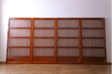 和製アンティーク　裏ガラス入り　艶やかな質感が魅力的なガラス格子戸(引き戸、建具)4枚セット