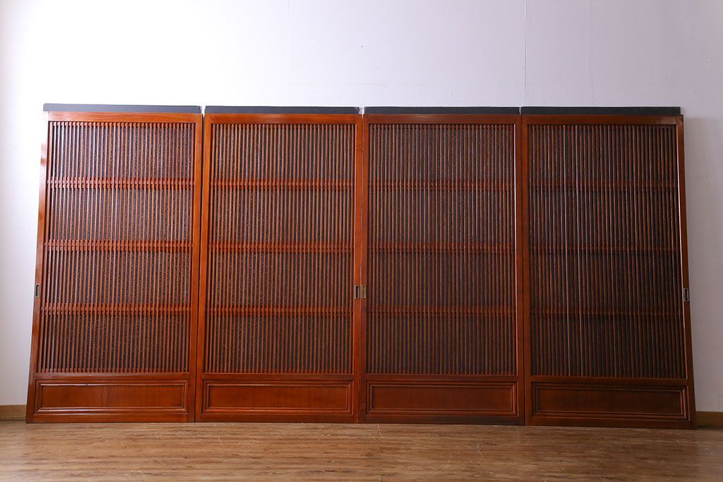 和製アンティーク　裏ガラス入り　艶やかな質感が魅力的なガラス格子戸(引き戸、建具)4枚セット