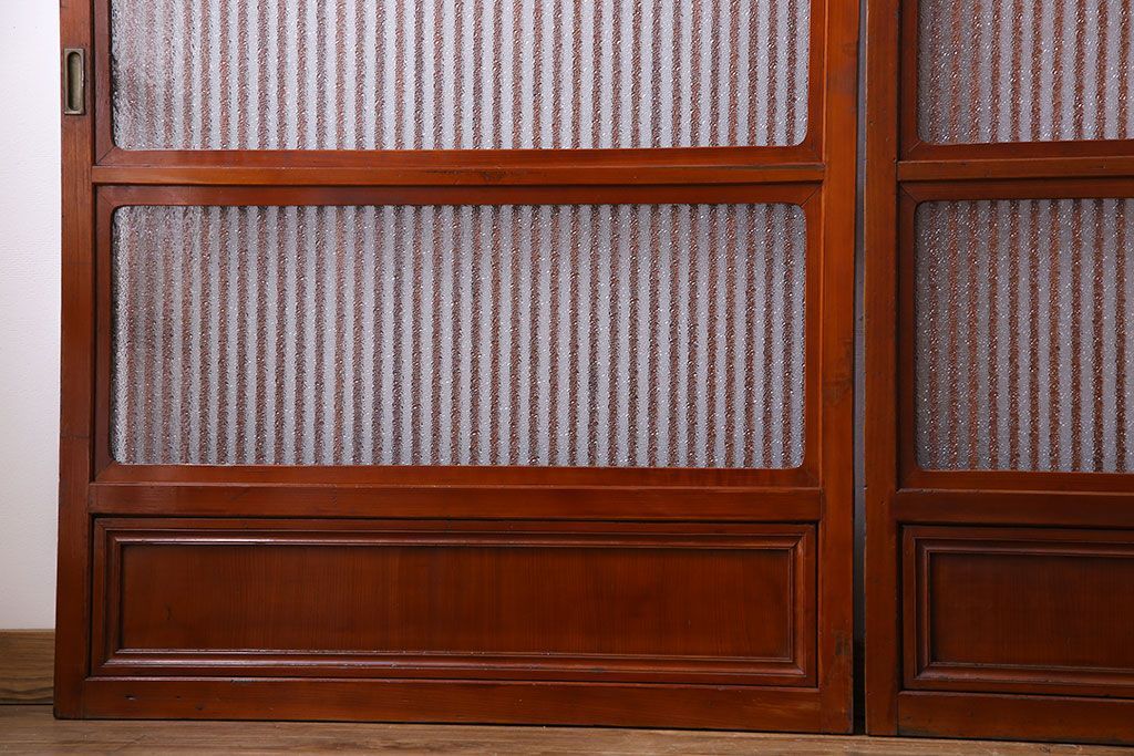 和製アンティーク　裏ガラス入り　艶やかな質感が魅力的なガラス格子戸(引き戸、建具)4枚セット