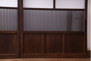 和製アンティーク　腰板欅材　ガラス入り格子戸(引き戸、建具)2枚セット