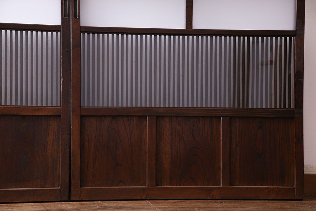 和製アンティーク　腰板欅材　ガラス入り格子戸(引き戸、建具)2枚セット