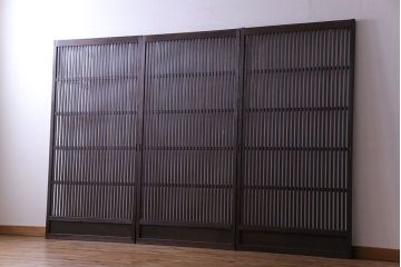 大正昭和期　裏ガラス入りのアンティーク格子戸(引き戸、建具)3枚セット