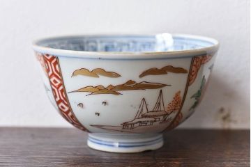 古民具・骨董　江戸期　華やかな古伊万里色絵染付　蓋つき茶碗2客セット(1)
