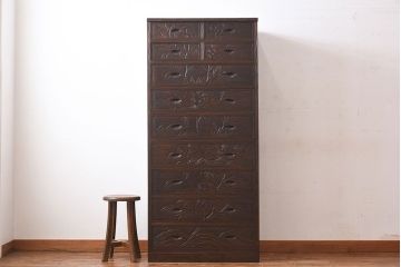 中古　伝統工芸　軽井沢彫り　牡丹の図柄が上品な縦型チェスト(和タンス、引き出し)