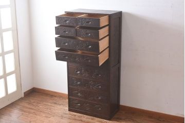中古　伝統工芸　軽井沢彫り　牡丹の図柄が上品な縦型チェスト(和タンス、引き出し)
